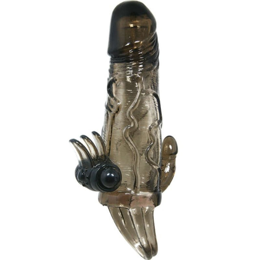 BAILE - BRAVE MAN PENISÖVERDRAG MED KLITORIS- OCH ANALSTIMULERING, DUBBEL KULA, SVART, 16,5 CM
