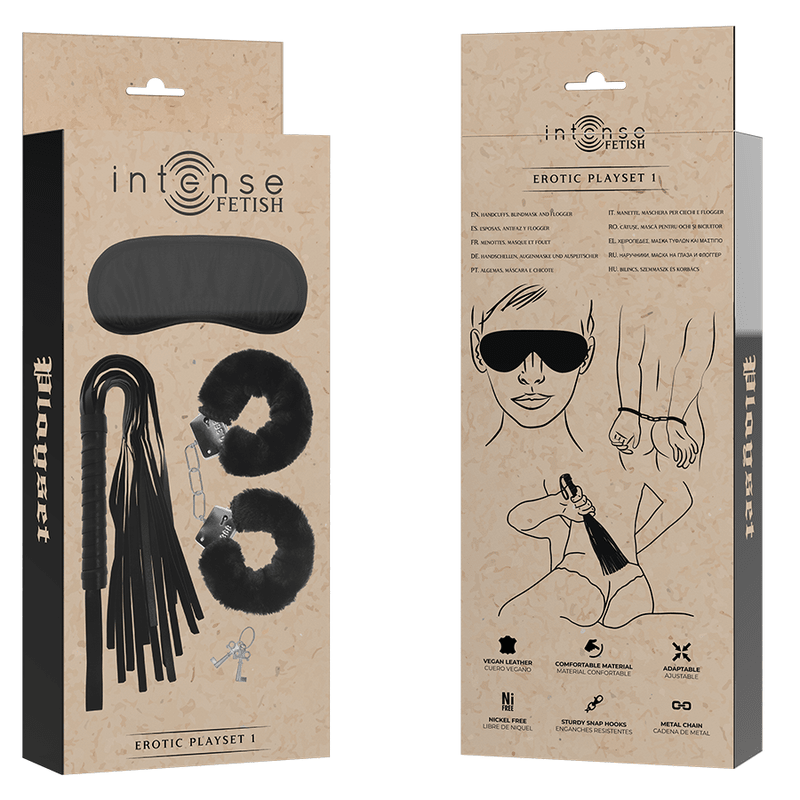 INTENSE - FETISH EROTIC PLAYSET 1 WITH HANDCUFFS, BLIND MASK AND FLOGGER - Kink&Play