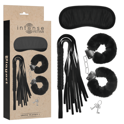 INTENSE - FETISH EROTIC PLAYSET 1 WITH HANDCUFFS, BLIND MASK AND FLOGGER - Kink&Play
