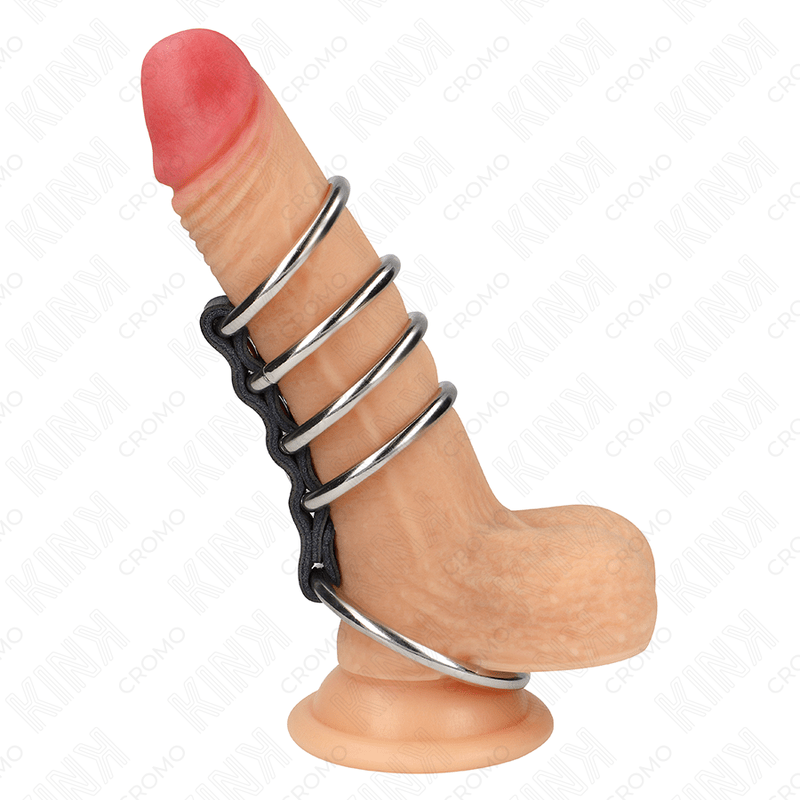 KINK - 5 PENIS RINGS 3.7 CM TO 5 CM METAL CONNECTED BY LEATHER - Kink&Play