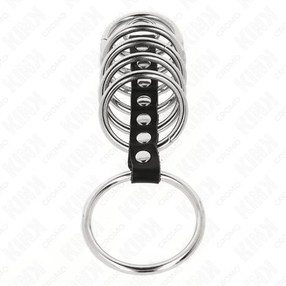 KINK - 7 METAL PENIS RINGS 3.2 CM TO 5 CM CONNECTED BY LEATHER - Kink&Play