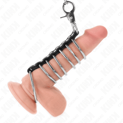 KINK - 7 METAL PENIS RINGS 3.8 CM TO 5 CM CONNECTED WITH LEATHER AND METAL CHAIN 100 CM - Kink&Play