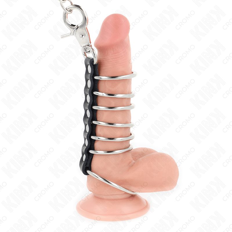 KINK - 7 METAL PENIS RINGS 3.8 CM TO 5 CM CONNECTED WITH LEATHER AND METAL CHAIN 100 CM - Kink&Play