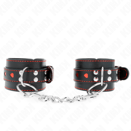 KINK - BLACK WRIST RESTRAINTS WITH RED HEART INLAY ADJUSTABLE 21 - 28 CM X 5.5 CM - Kink&Play
