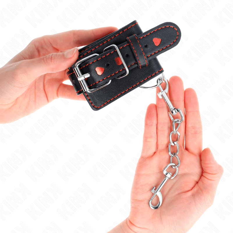 KINK - BLACK WRIST RESTRAINTS WITH RED HEART INLAY ADJUSTABLE 21 - 28 CM X 5.5 CM - Kink&Play