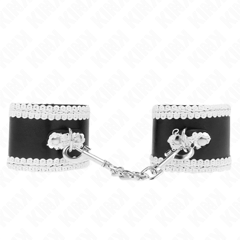 KINK - BLACK WRIST RESTRAINTS WITH WHITE DECORATE LACE ADJSUTABLE 20 - 23 CM X 5.5 CM - Kink&Play