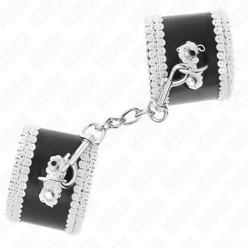 KINK - BLACK WRIST RESTRAINTS WITH WHITE DECORATE LACE ADJSUTABLE 20 - 23 CM X 5.5 CM - Kink&Play