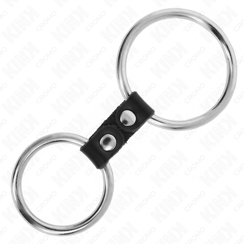 KINK - DOUBLE METAL PENIS RING 3.7 CM TO 5 CM CONNECTED BY LEATHER STRAP MODEL 2 - Kink&Play
