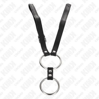 KINK - DOUBLE METAL PENIS RING 3.8 CM TO 5 CM WITH LEATHER BELT 112 CM - Kink&Play