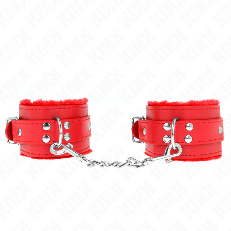 KINK - FUR LINED WRIST RESTRAINTS RED WITH RED BELT ADJUSTABLE 17 - 29 CM X 6 CM - Kink&Play