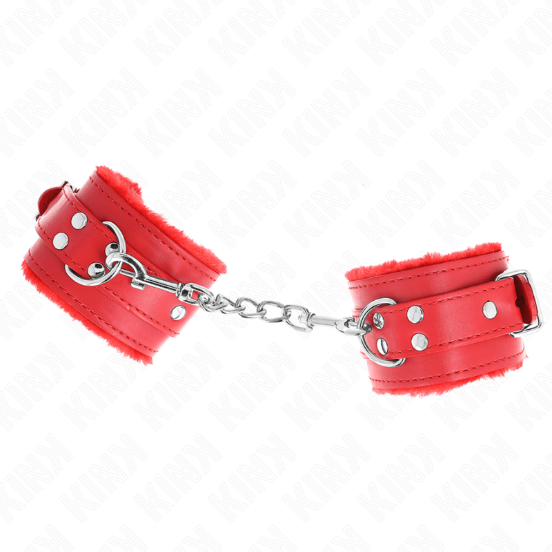 KINK - FUR LINED WRIST RESTRAINTS RED WITH RED BELT ADJUSTABLE 17 - 29 CM X 6 CM - Kink&Play