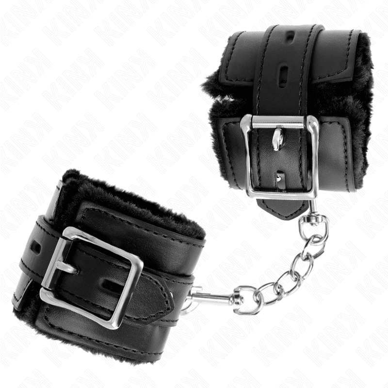KINK - FUR LINED WRIST RESTRAINTS WITH SQUARE HOLES BLACK AND BLACK BELT ADJUSTABLE 17 - 29 CM X 6 CM - Kink&Play