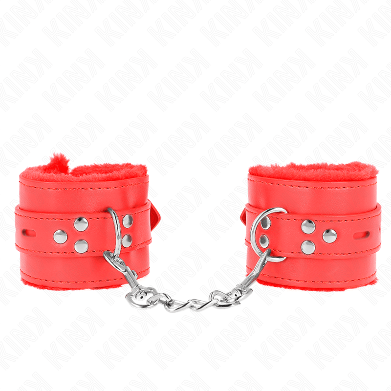 KINK - FUR LINED WRIST RESTRAINTS WITH SQUARE HOLES RED AND RED BELT ADJUSTABLE 17 - 29 CM X 6 CM - Kink&Play