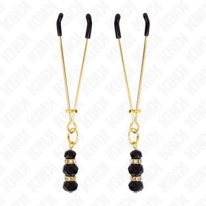 KINK - GOLD THIN NIPPLE CLAMPS WITH 3 BLACK GLASS BEADS 7 CM - Kink&Play