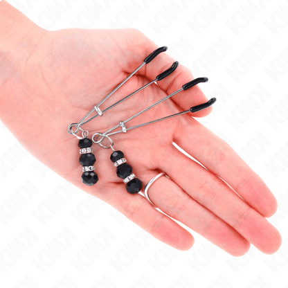 KINK - GOLD THIN NIPPLE CLAMPS WITH 3 BLACK GLASS BEADS 7 CM - Kink&Play