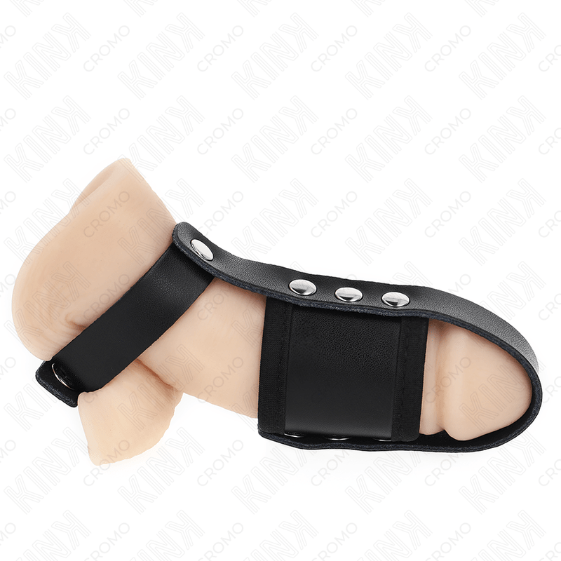 KINK - LEATHER PENIS CAGE RING WITH ADJUSTABLE COATED BALL DIVIDER STRAP - Kink&Play