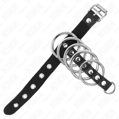 KINK - LEATHER PENIS RING WITH LOCK STRAP 21 X 2 CM AND 5 METAL RINGS FROM 3 CM TO 4 CM - Kink&Play