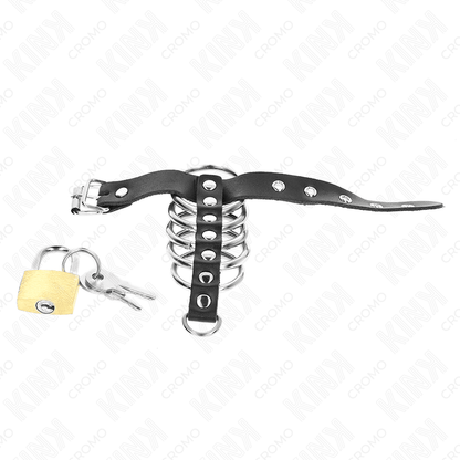 KINK - LEATHER PENIS RING WITH LOCK STRAP 21 X 2 CM AND 5 METAL RINGS FROM 3 CM TO 4 CM - Kink&Play