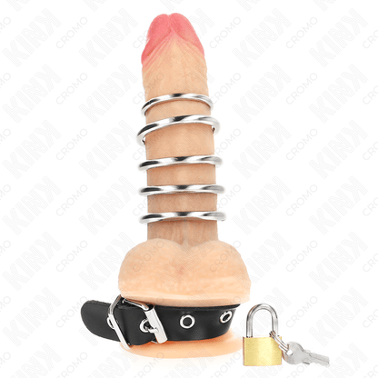 KINK - LEATHER PENIS RING WITH LOCK STRAP 21 X 2 CM AND 5 METAL RINGS FROM 3 CM TO 4 CM - Kink&Play