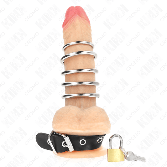 KINK - LEATHER PENIS RING WITH LOCK STRAP 21 X 2 CM AND 5 METAL RINGS FROM 3 CM TO 4 CM - Kink&Play