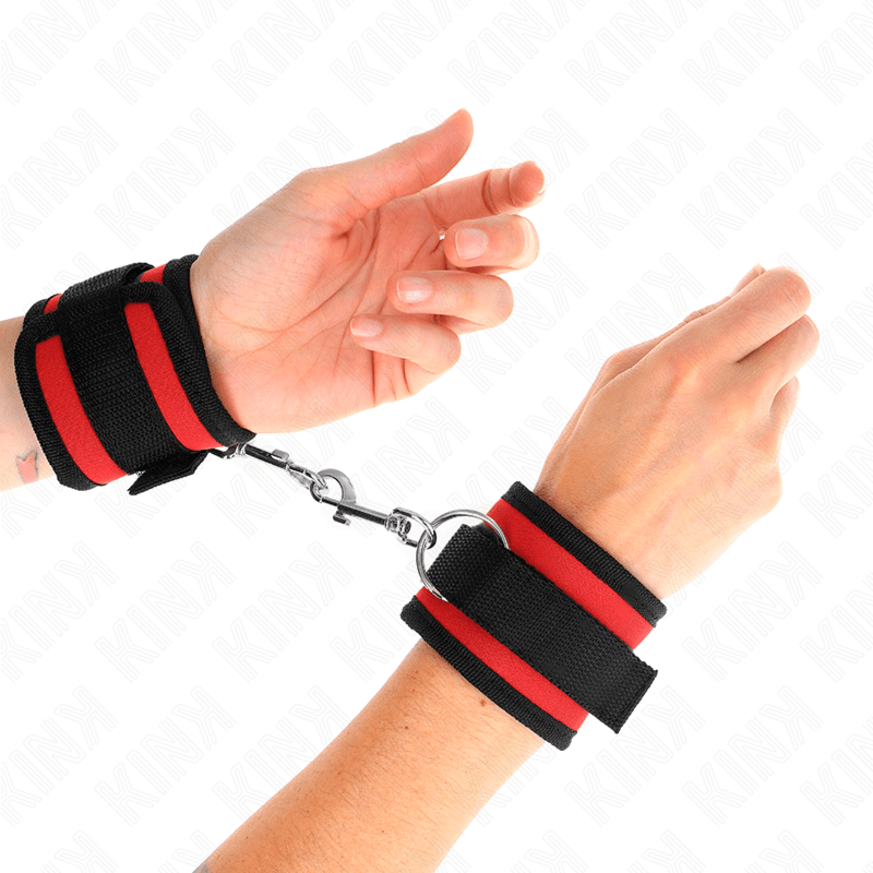 KINK - NYLON BIND HOOK&LOOP WRIST RESTRAINTS RED - BLACK MODEL 2 ADJUSTABLE 18 - 35 CM X 6 CM - Kink&Play