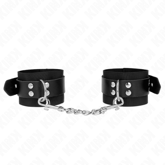 KINK - NYLON WRIST RESTRAINTS BLACK WITH LEATHER BELT BLACK ADJUSTABLE 19 - 29 CM X 5.1 CM - Kink&Play