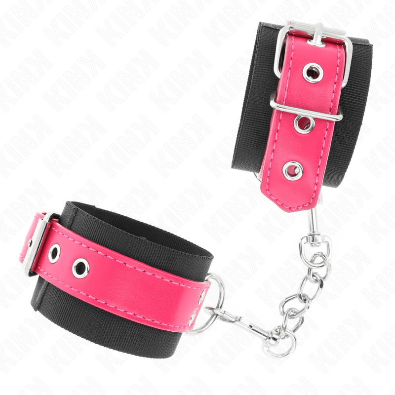 KINK - NYLON WRIST RESTRAINTS BLACK WITH LEATHERETTE BELT RASPBERRY ROSE ADJUSTABLE 19 - 29 CM X 5.1 CM - Kink&Play