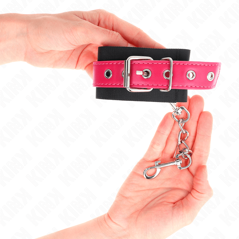 KINK - NYLON WRIST RESTRAINTS BLACK WITH LEATHERETTE BELT RASPBERRY ROSE ADJUSTABLE 19 - 29 CM X 5.1 CM - Kink&Play