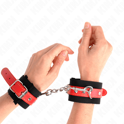 KINK - NYLON WRIST RESTRAINTS BLACK WITH LEATHERETTE RED ADJUSTABLE 19 - 24 CM X 5.5 CM - Kink&Play