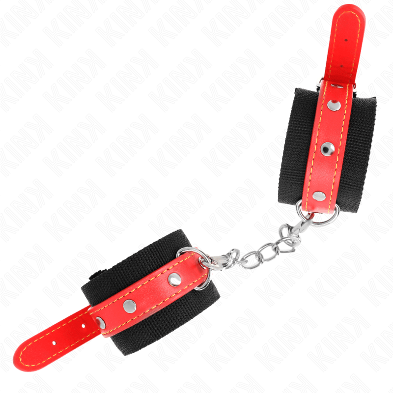 KINK - NYLON WRIST RESTRAINTS BLACK WITH LEATHERETTE RED ADJUSTABLE 19 - 24 CM X 5.5 CM - Kink&Play