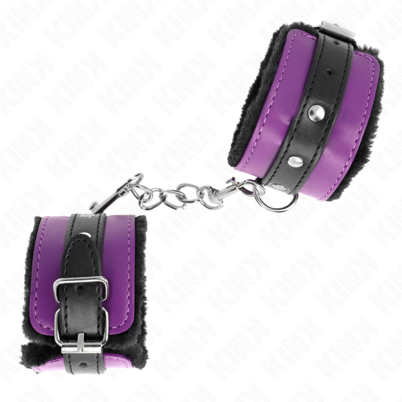 KINK - PREMIUM FUR LINED WRIST RESTRAINTS BLACK WITH PURPLE / BLACK BELT ADJUSTABLE 17 - 29 CM X 6 CM - Kink&Play