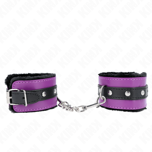 KINK - PREMIUM FUR LINED WRIST RESTRAINTS BLACK WITH PURPLE / BLACK BELT ADJUSTABLE 17 - 29 CM X 6 CM - Kink&Play