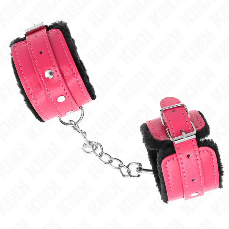KINK - PREMIUM FUR LINED WRIST RESTRAINTS BLACK WITH RASPBERRY ROSE BELT ADJUSTABLE 17 - 29 CM X 6 CM - Kink&Play
