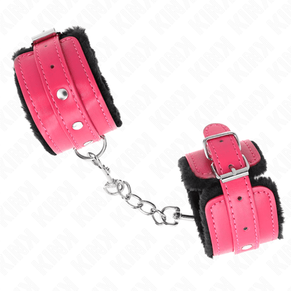KINK - PREMIUM FUR LINED WRIST RESTRAINTS BLACK WITH RASPBERRY ROSE BELT ADJUSTABLE 17 - 29 CM X 6 CM - Kink&Play