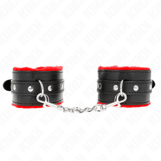 KINK - PREMIUM FUR LINED WRIST RESTRAINTS RED WITH BLACK BELT ADJUSTABLE 17 - 29 CM X 6 CM - Kink&Play