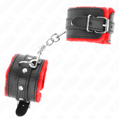 KINK - PREMIUM FUR LINED WRIST RESTRAINTS RED WITH BLACK BELT ADJUSTABLE 17 - 29 CM X 6 CM - Kink&Play