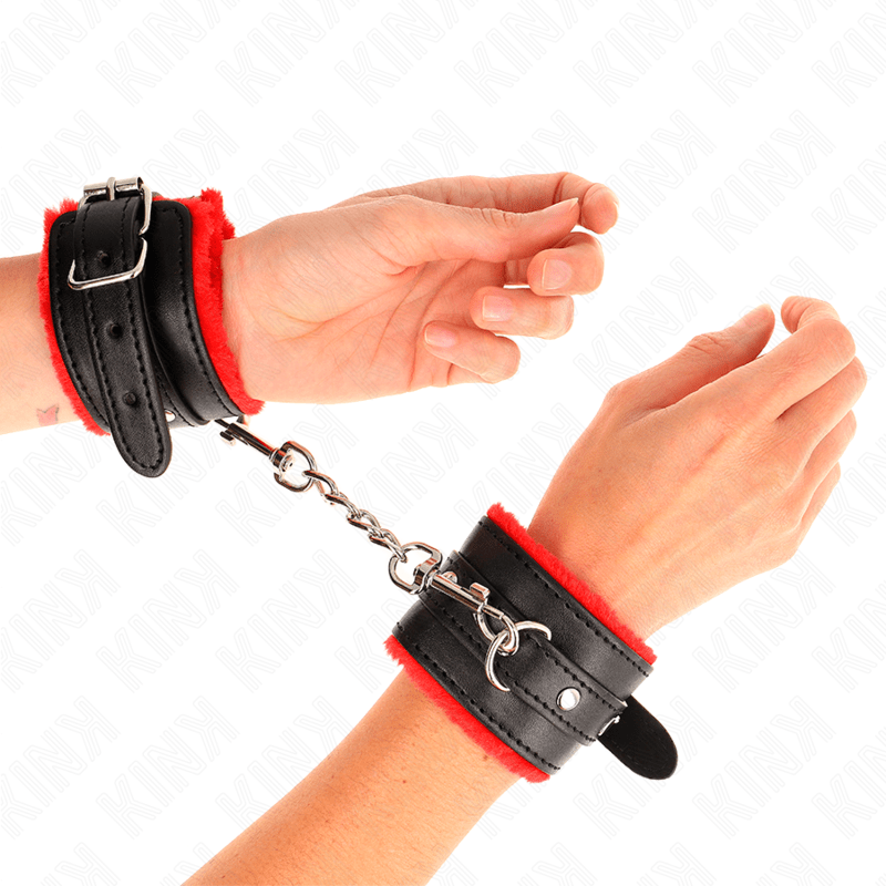 KINK - PREMIUM FUR LINED WRIST RESTRAINTS RED WITH BLACK BELT ADJUSTABLE 17 - 29 CM X 6 CM - Kink&Play