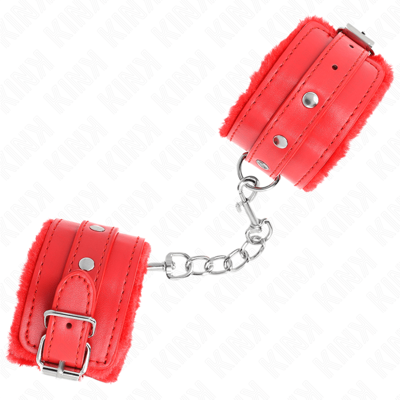 KINK - PREMIUM FUR LINED WRIST RESTRAINTS RED WITH RED BELT ADJUSTABLE 17 - 29 CM X 6 CM - Kink&Play