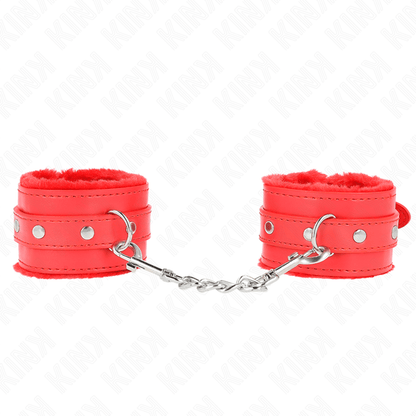 KINK - PREMIUM FUR LINED WRIST RESTRAINTS RED WITH RED BELT ADJUSTABLE 17 - 29 CM X 6 CM - Kink&Play