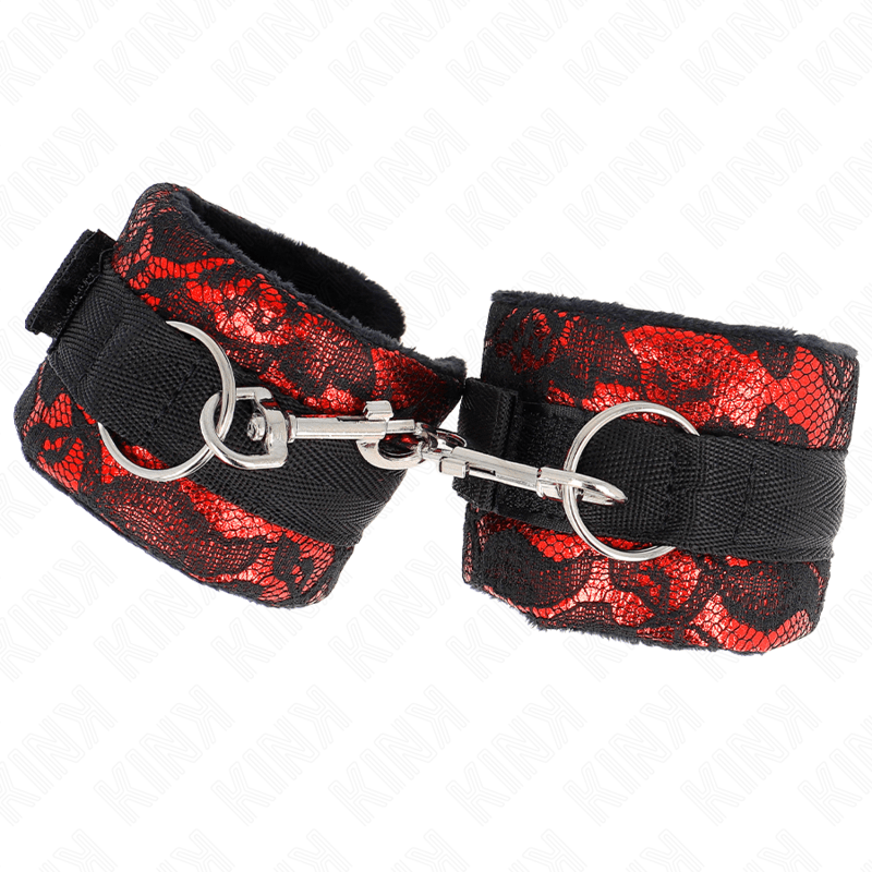 KINK - SHORT VELVET LACE WRIST RESTRAINTS AND NYLON BIND RED / BLACK 23 X 6.5 CM - Kink&Play