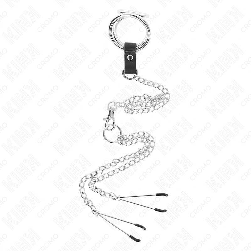 KINK - TRIPLE CHROME METAL PENIS RING 3 CM TO 4.5 CM WITH 26 CM METAL CHAIN AND NIPPLE CLIPS - Kink&Play
