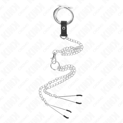 KINK - TRIPLE CHROME METAL PENIS RING 3 CM TO 4.5 CM WITH 26 CM METAL CHAIN AND NIPPLE CLIPS - Kink&Play