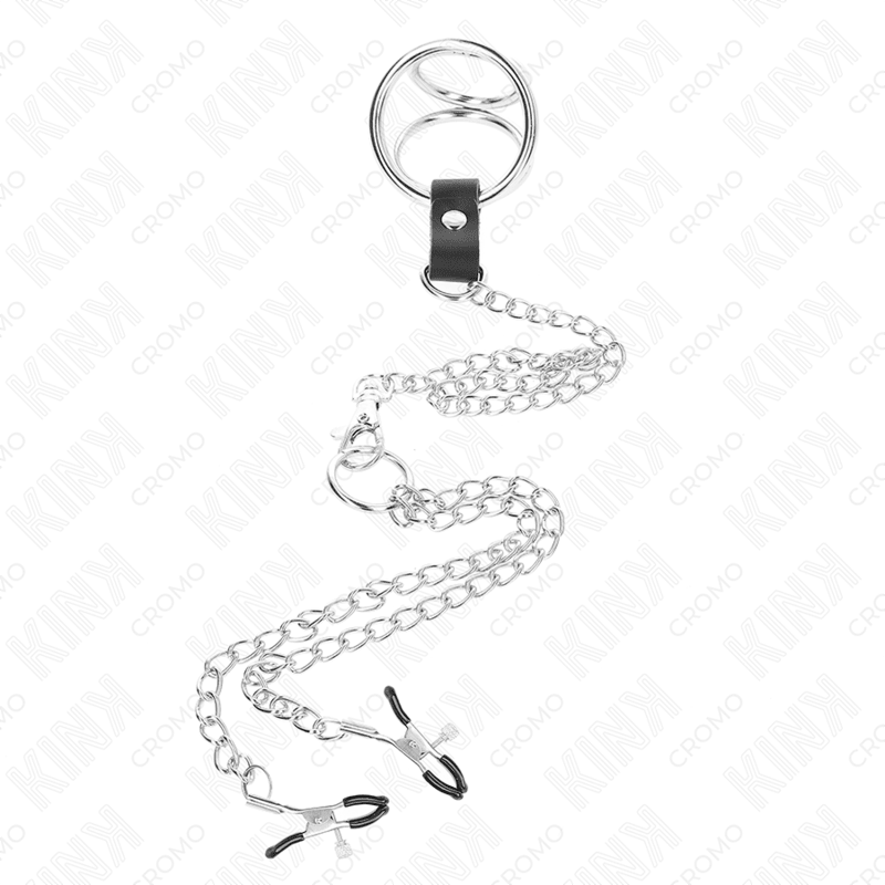 KINK - TRIPLE CHROME METAL PENIS RING 3 CM TO 4.5 CM WITH 26 CM METAL CHAIN AND NIPPLE CLIPS - Kink&Play