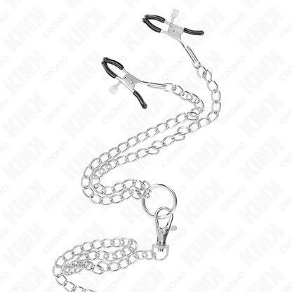 KINK - TRIPLE CHROME METAL PENIS RING 3.8 CM TO 5 CM WITH 26 CM METAL CHAIN AND NIPPLE CLAMPS MODEL 1 - Kink&Play