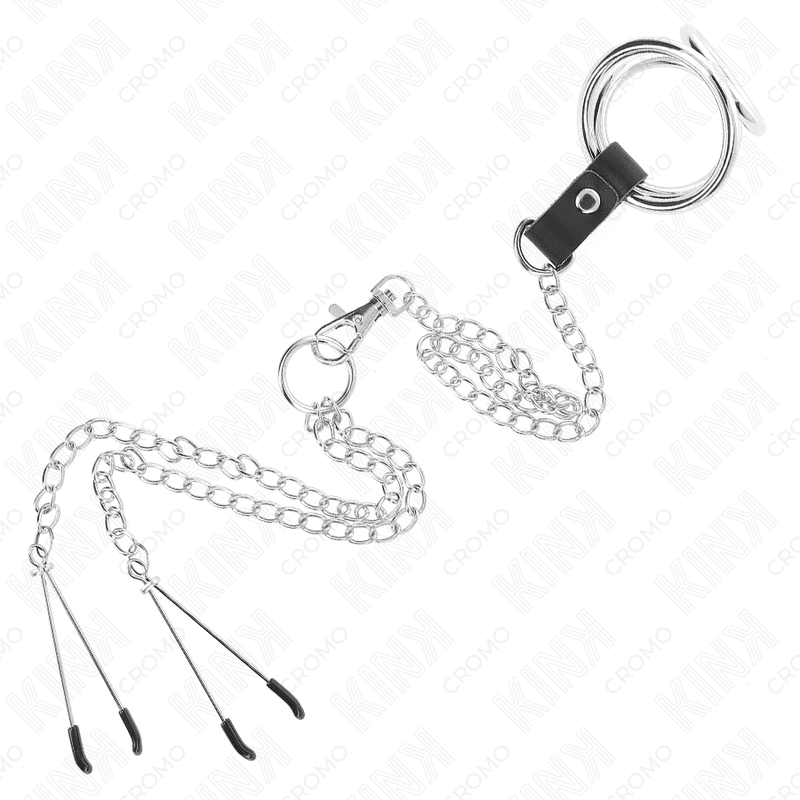 KINK - TRIPLE CHROME METAL PENIS RING 3.8 CM TO 5 CM WITH 26 CM METAL CHAIN AND NIPPLE CLAMPS MODEL 2 - Kink&Play