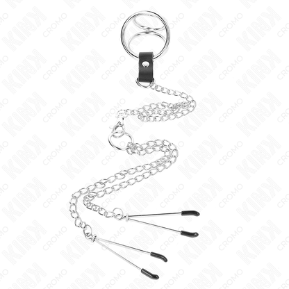 KINK - TRIPLE CHROME METAL PENIS RING 3.8 CM TO 5 CM WITH 26 CM METAL CHAIN AND NIPPLE CLAMPS MODEL 2 - Kink&Play