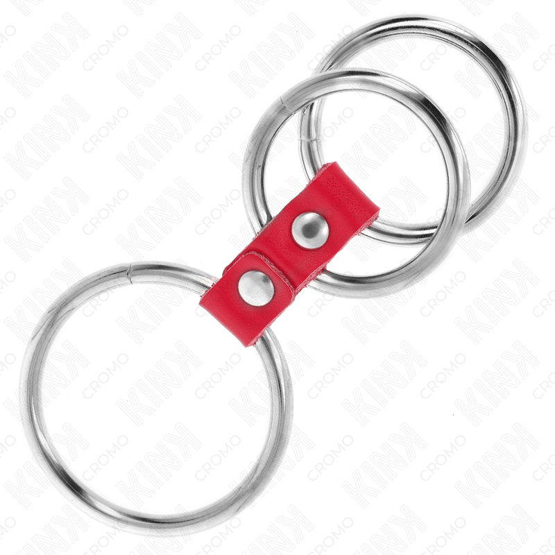 KINK - TRIPLE METAL PENIS RING 3.7 CM TO 5 CM CONNECTED WITH RED LEATHER - Kink&Play