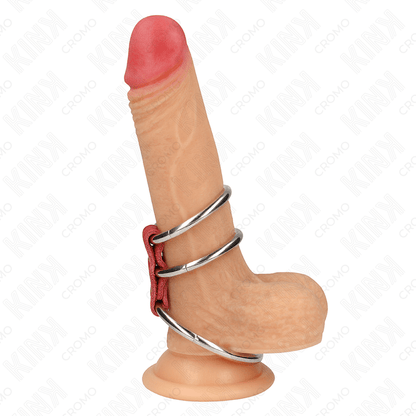 KINK - TRIPLE METAL PENIS RING 3.7 CM TO 5 CM CONNECTED WITH RED LEATHER - Kink&Play