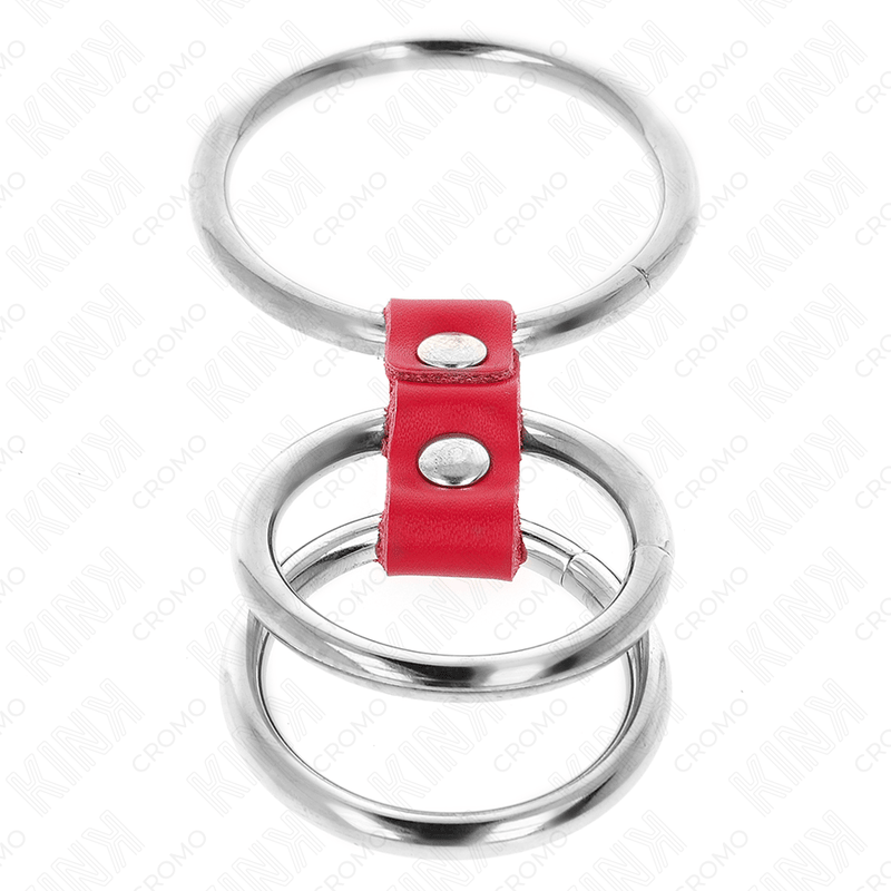 KINK - TRIPLE METAL PENIS RING 3.7 CM TO 5 CM CONNECTED WITH RED LEATHER - Kink&Play