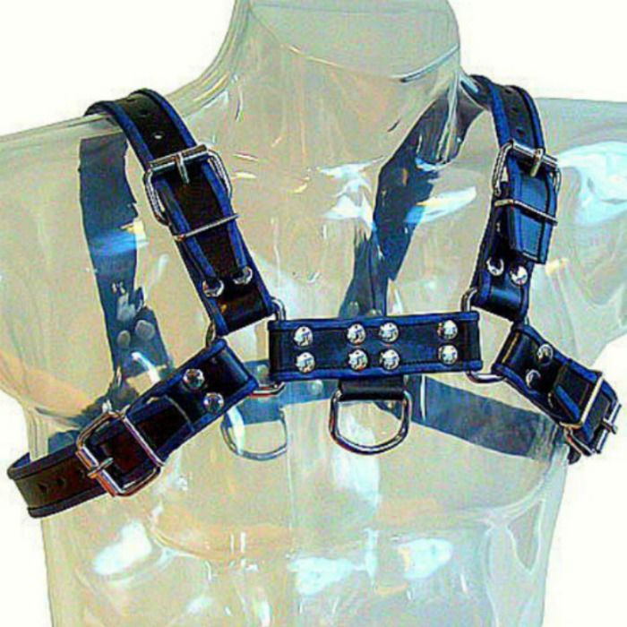 LEATHER BODY - BLUE AND BLACK LEATHER HARNESS CHEST BULLDOG - Kink&Play